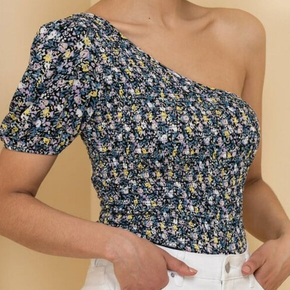 Ricki's Tops - Ricki's One-Shoulder Floral Smocked Top in Navy, Yellow & Lilac